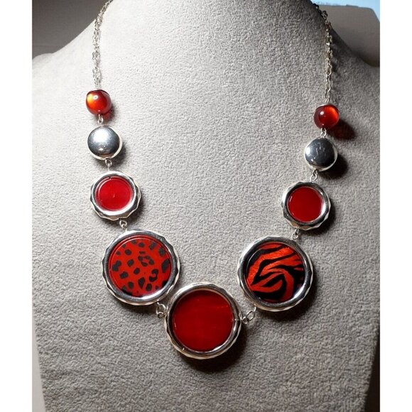 Necklace Large Red Disc Zebra Stripe Leopard Spot Christmas Valentine - Picture 2 of 10